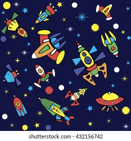 Cartoon spaceship icons. Kid's elements for scrap-booking. Hand drawn vector illustration.