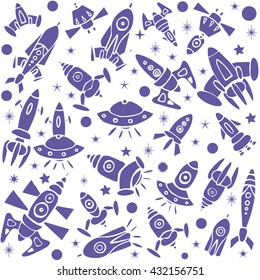 Cartoon spaceship icons. Kid's elements for scrap-booking. Hand drawn vector illustration.