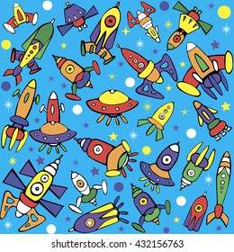 Cartoon spaceship icons. Kid's elements for scrap-booking. Hand drawn vector illustration.