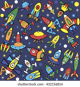 Cartoon spaceship icons. Kid's elements for scrap-booking. Hand drawn vector illustration.