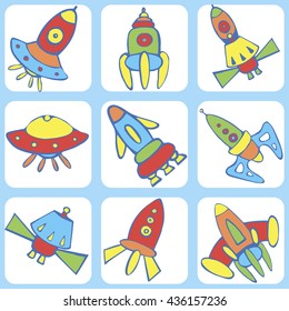 Cartoon spaceship icons. Kid's elements for scrap-booking. Hand drawn vector illustration.