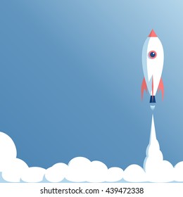 cartoon spaceship launch on blue background, startup concept, vector illustration