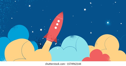 Cartoon spaceship launch - starry night sky background - Vector