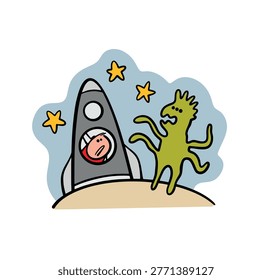 Cartoon spaceship on a planet in space met with a monster. Vector illustration of a frightened astronaut looking at a multi-armed green funny alien. Dangerous encounter with a space animal.