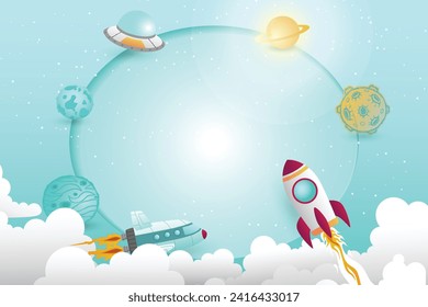 Cartoon of spaceship with planets