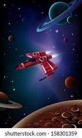 Cartoon spaceship with planets,stars and space background. Vector.