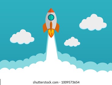 Cartoon Spaceship Rocket Flying Over Clouds Stock Vector (Royalty Free ...