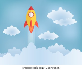 Cartoon spaceship rocket flying over clouds. Vector illustration
