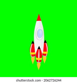 Cartoon spaceship rocket taking off on green background, isolated vector illustration. Simple retro spaceship icon.