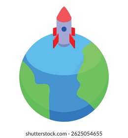 Cartoon spaceship rocket taking off leaving earth planet for space travel, astronomy and aerospace industry concept