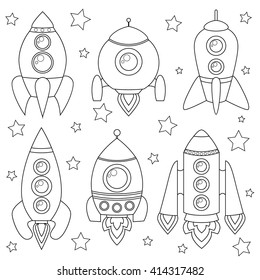 Cartoon spaceship. Rockets. Black and white illustration for coloring book