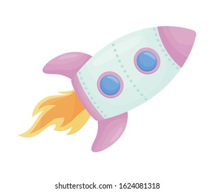 Cartoon Spaceship Taking Off Isolated on White Background Vector Illustration
