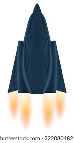 Cartoon spaceship with triangle aggressive form similar fighter aircraft with flame from nozzles isolated on white. Dark blue color of hull. Vector design element.