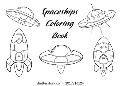 Cartoon Spaceships Coloring Page. Spacecraft and rocket sketch. Cosmos transportation illustration for coloring book
