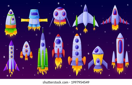 Cartoon spaceships. Futuristic rockets, spacecraft with space background. Colorful space aircraft, shuttle or vehicle toy for kids vector set. Universe exploration game futuristic objects