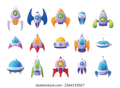 Cartoon Spaceships Game Icons. Sleek, Futuristic Spacecrafts With Vibrant Colors And Dynamic Designs Vector Illustration