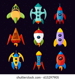 Cartoon spaceships isolated on white background. Rocket and futuristic spacecraft set vector illustration