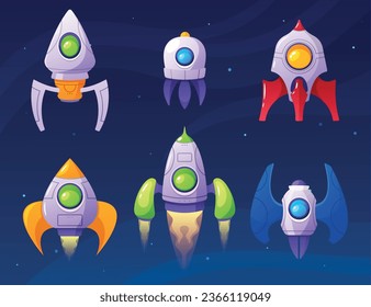 Cartoon Spaceships In Sky, Game Elements Set. Advanced Vehicles For Space Travel, Equipped With Cutting-edge Technology