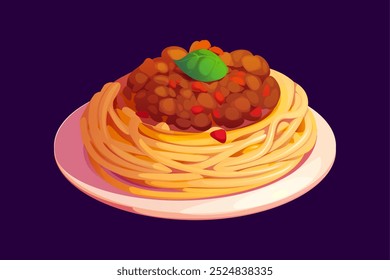 Cartoon spaghetti Bolonhês. Ninho vetor isolado de desenho animado de massas coberto com molho de carne rico e guarnecido com uma folha de manjericão, servido em uma placa. Restaurante italiano menu prato, cozinha mediterrânea