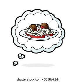 cartoon spaghetti and meatballs with thought bubble