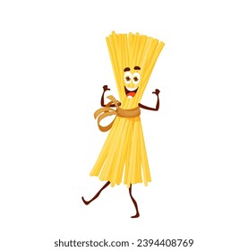 Caricatura de spaghetti y personaje de pasta. Personaje de la comida de trigo italiano. Macarrones secos vectores con cara de kawaii. Menú de cocina tradicional italiana, juguetones adorables fideos positivos emoji riéndose