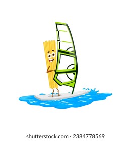 Cartoon spaghetti pasta personaje de la ola montada con velero. Personaje vectorial de fideos surfistas más cortos en vacaciones de verano en la playa. Funny spaghetti italiano personaje de comida surfeando en olas de agua de mar y océano