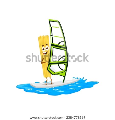Cartoon spaghetti pasta character riding wave with sailboard. Cuter surfer noodle vector personage on summer beach vacation. Funny italian spaghetti food character surfing on sea and ocean water waves
