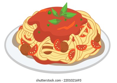 Cartoon spaghetti pasta with tomato sauce and meatballs vector illustration