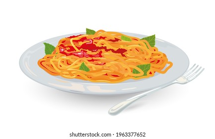 Cartoon of spaghetti with tomato and spicy arrabbiata sauce and basil on plate. Vector delicious italian dish for dinner in restaurant. Concept of pasta, european cuisine, eating isolated on white