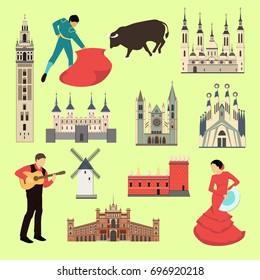 Cartoon Spain symbols and objects set. Spanish famous landmarks for design. Spanish attraction. Travel and tourism flat style vector illustration.