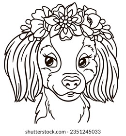 Cartoon spaniel dog in floral crown. Cute baby animal nursery print