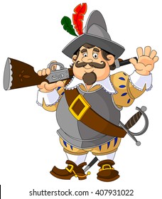 Cartoon Spanish Conquistador With A Musket. The Gesture Of Greeting.