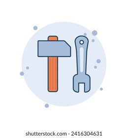 Cartoon spanner with hammer icon vector illustration. Repair on bubbles background. Service sign concept.