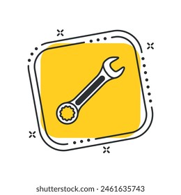 Cartoon spanner icon vector illustration. Wrench on isolated yellow square background. Repair sign concept.