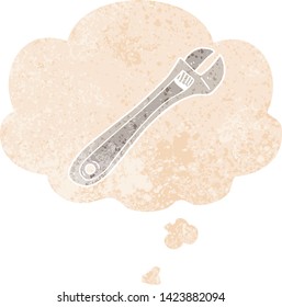 cartoon spanner with thought bubble in grunge distressed retro textured style