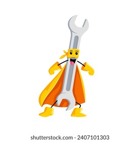 Cartoon spanner tool superhero character. Isolated vector mighty fixer, super hero construction instrument with super skills, he tightens troubles away and saves the day, ready to mend any mishap