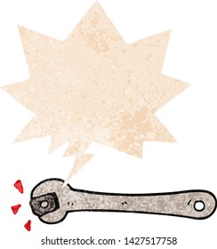 cartoon spanner turning nut with speech bubble in grunge distressed retro textured style