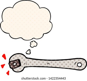 cartoon spanner turning nut with thought bubble in comic book style