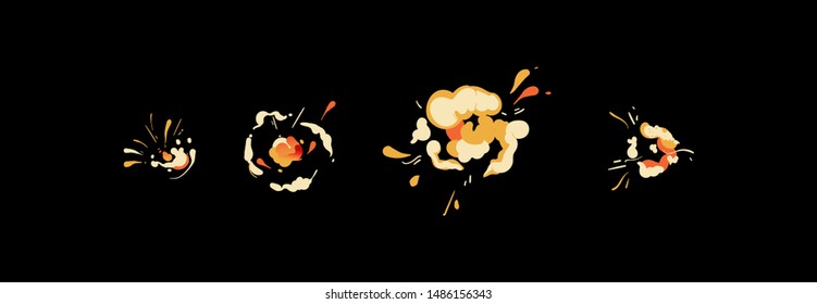 Cartoon Spark Explosion Animation Frame Set - Smoke Cloud Disappearing Motion Isolated On Black Background, Explosive Burst Effect - Hand Drawn Vector Illustration