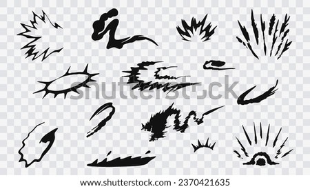Cartoon spark and explosion effect set. Vector comic boom blast clouds, exploded bomb fire burst energy and bang crash power with smoke, dust and air speed motion trails, comics book explosion effects