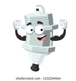 cartoon spark plug mascot shows its strength on a white background