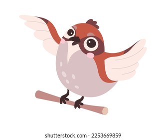 Cartoon sparrow with branch flat icon. Vector illustration