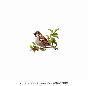 Cartoon sparrow on a branch with foliage on a white background. Vector illustration