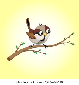 Cartoon sparrow on a branch in the spring. Vector illustration of a cartoon sparrow for animation. All the details are on separate layers with names. Editable strokes.
