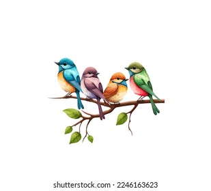 Cartoon sparrows and canaries of different colors on a branch. Vector illustration of birdies isolated on white background