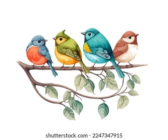 Flores de dibujos animados y canarios de diferentes colores en una rama. Ilustración vectorial de los birdies aislados en fondo blanco	