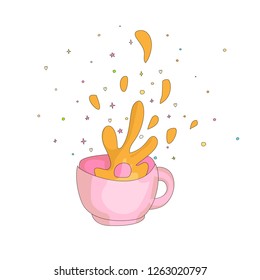 Cartoon Spash In A Pink Cup Icon. Drawing Splash In A Cup Of Hot Tea Or Coffee. Splash In A Cup With Decoration Elements On White Background.