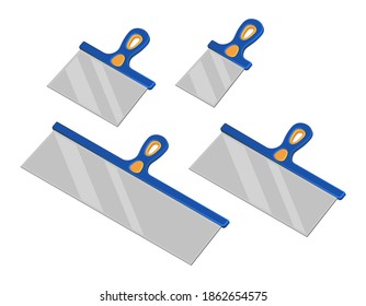 Cartoon spatula with blue and yellow plastic handle. Isometric vector illustration of wall worker trowel isolated on white. Different size putty knives vector icon set. Construction and scratcher tool