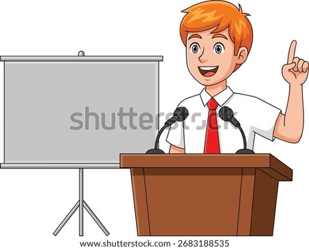 Cartoon speaker giving presentation at podium, confident man in red tie talking with microphone, public speaking seminar or conference concept
