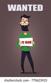 Cartoon IT specialist holding sign. We need you concept. Vector.